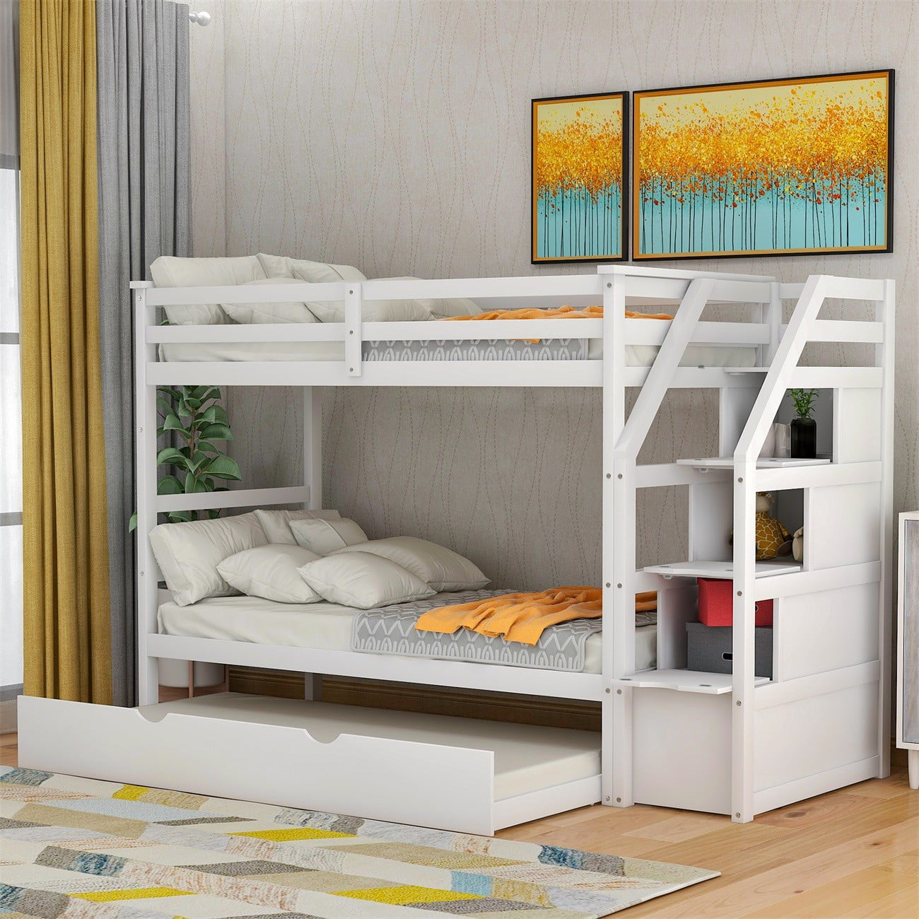 SENTERN Twin over Twin Bunk Bed with Trundle and 3 Storage Drawers