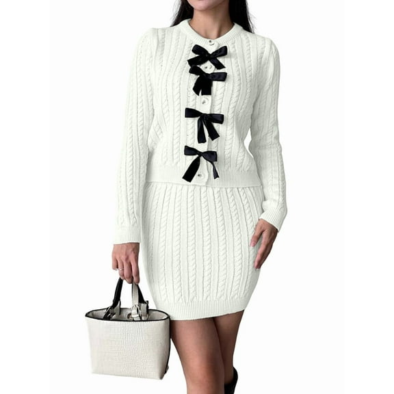 Fall Sweater Sets Skirt Sets Women 2 Piece Outfits Long Sleeve Top and Skirts Set Loungewear White S