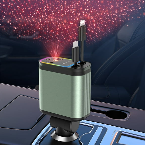 66W Retractable Car Charger with Starlight, 4 in 1 Car Phone Charger Adapter w/ 2 USB Port & 2 Retractable Charging Cable, Car Accessories Adapter for SUV, RV, Truck, iPhone 16e/15/14/12,Galaxy,Pixel