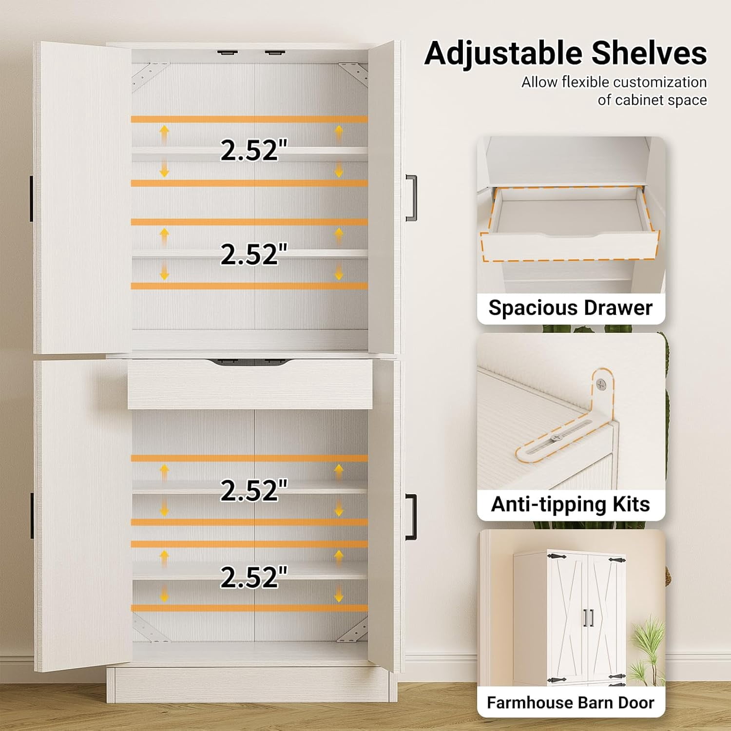 Homieasy 71'' Tall Farmhouse Pantry Cabinet 2 Piece Set, 6-Tier Pantry with Doors, Drawers & Adjustable Shelves, White