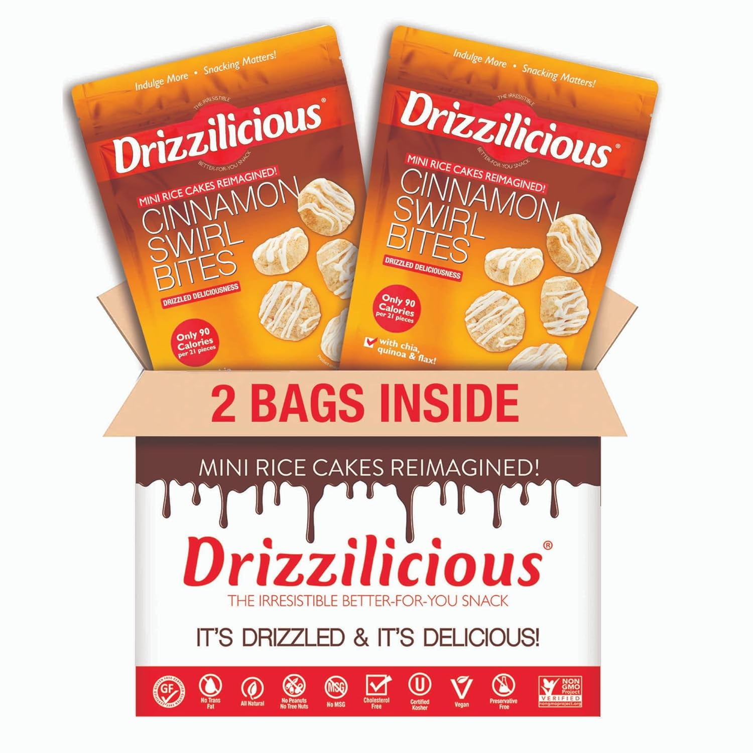 Drizzilicious Mini Rice Cakes, Cinnamon Swirl Flavored Rice Cake Gluten Free Snacks, Rice Crisps 2-Pack