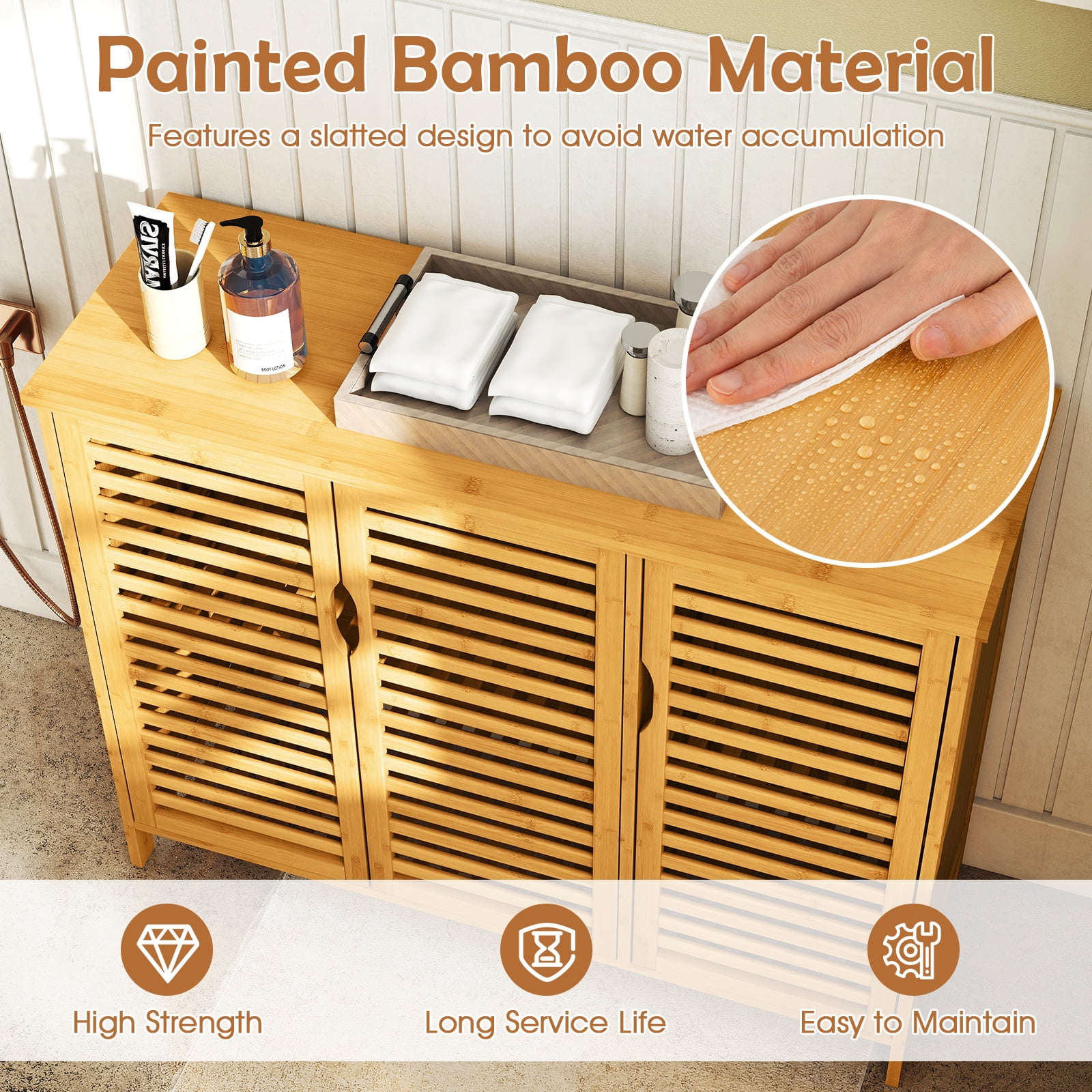 Gymax Bamboo Bathroom Cabinet 3-Door Storage Organizer w/ Shelves Natural