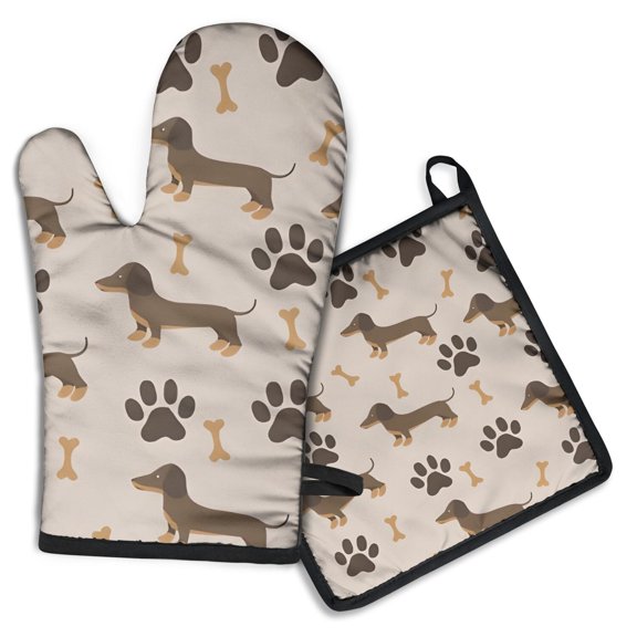 Dachshund and Paws Kitchen Oven Mitt and Pot Holder Sets 2 Pcs for Baking, Cooking and Grilling, Heat Resistant Up To 392 °F