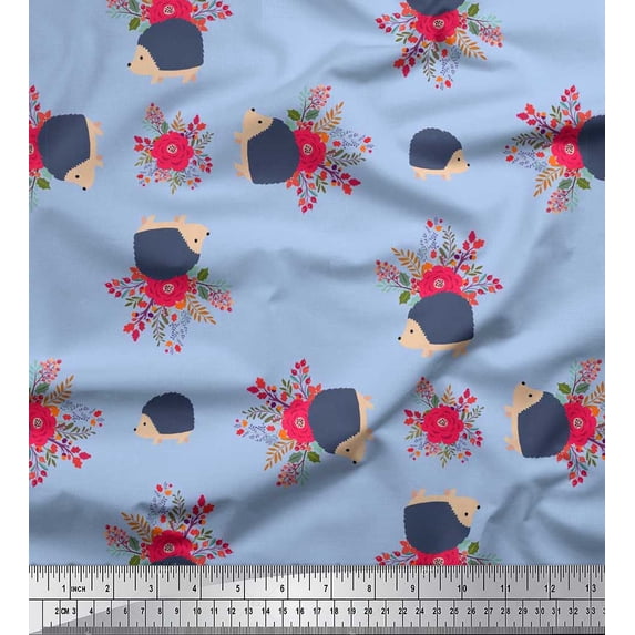 Soimoi Japan Crepe Satin Fabric Leaves,Floral & Hedgehog Kids Decor Fabric Printed Yard 42 Inch Wide