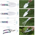 thumbnail image 3 of Juego de herramientas de jardín, 5 piezas, herramientas de jardinería con estuche de transporte, kit de jardinería con pala, pala, trompeta, rastrillo de mano, tijeras de podar, rociador (púrpura) Xemadio QH-138, 3 of 6