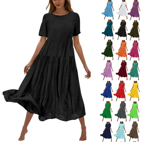 Horkkom Dresses for Women Casual Loose Bohemian Dress Short Sleeve Long Maxi Dresses Summer Beach Tiered Flowy Dress