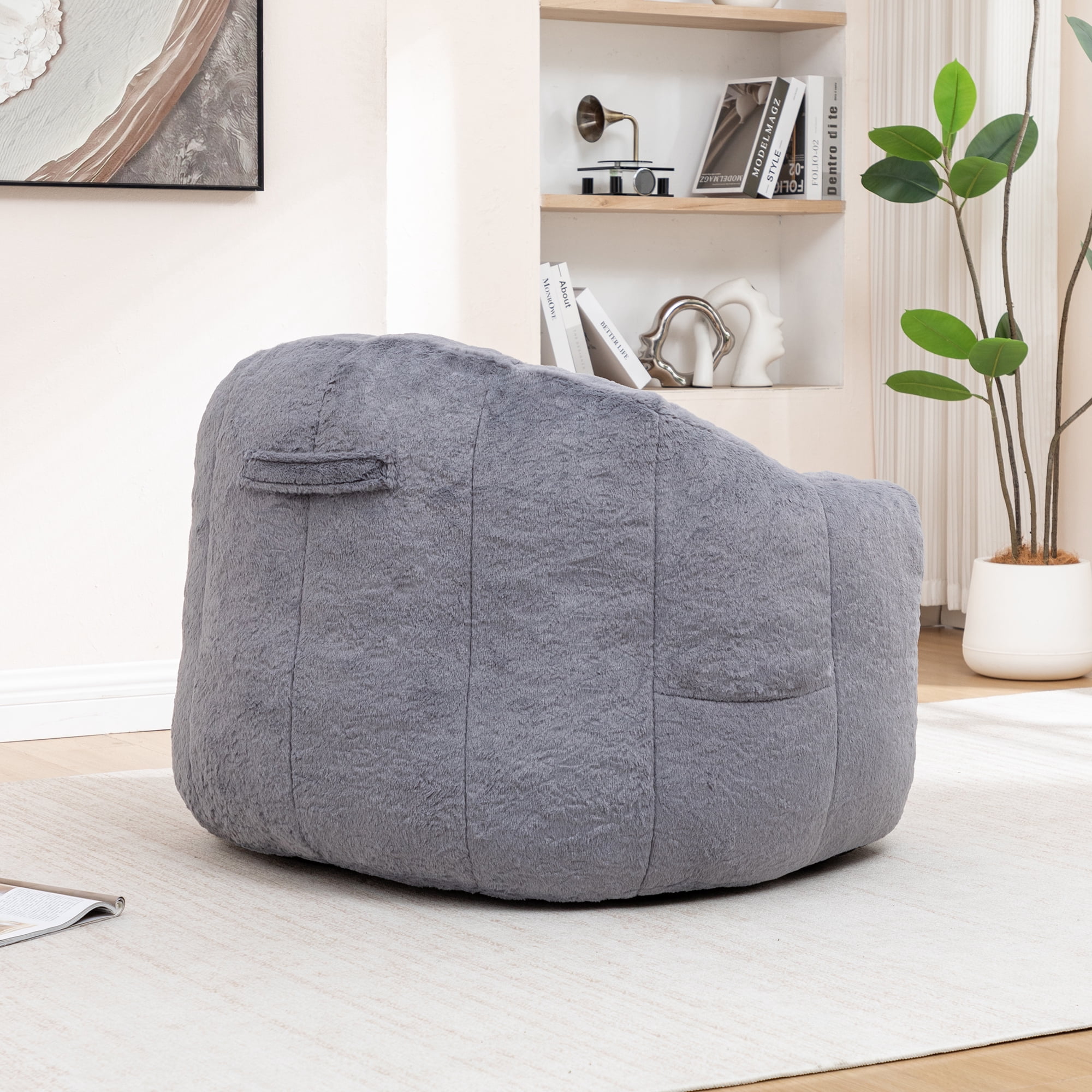 Bean Bag Chair with Armrests, Stuffed High-Density Foam, Lazy Sofa for Adults, Living Room, Bedroom, Reading, Gray Faux Fur, No Assembly Required