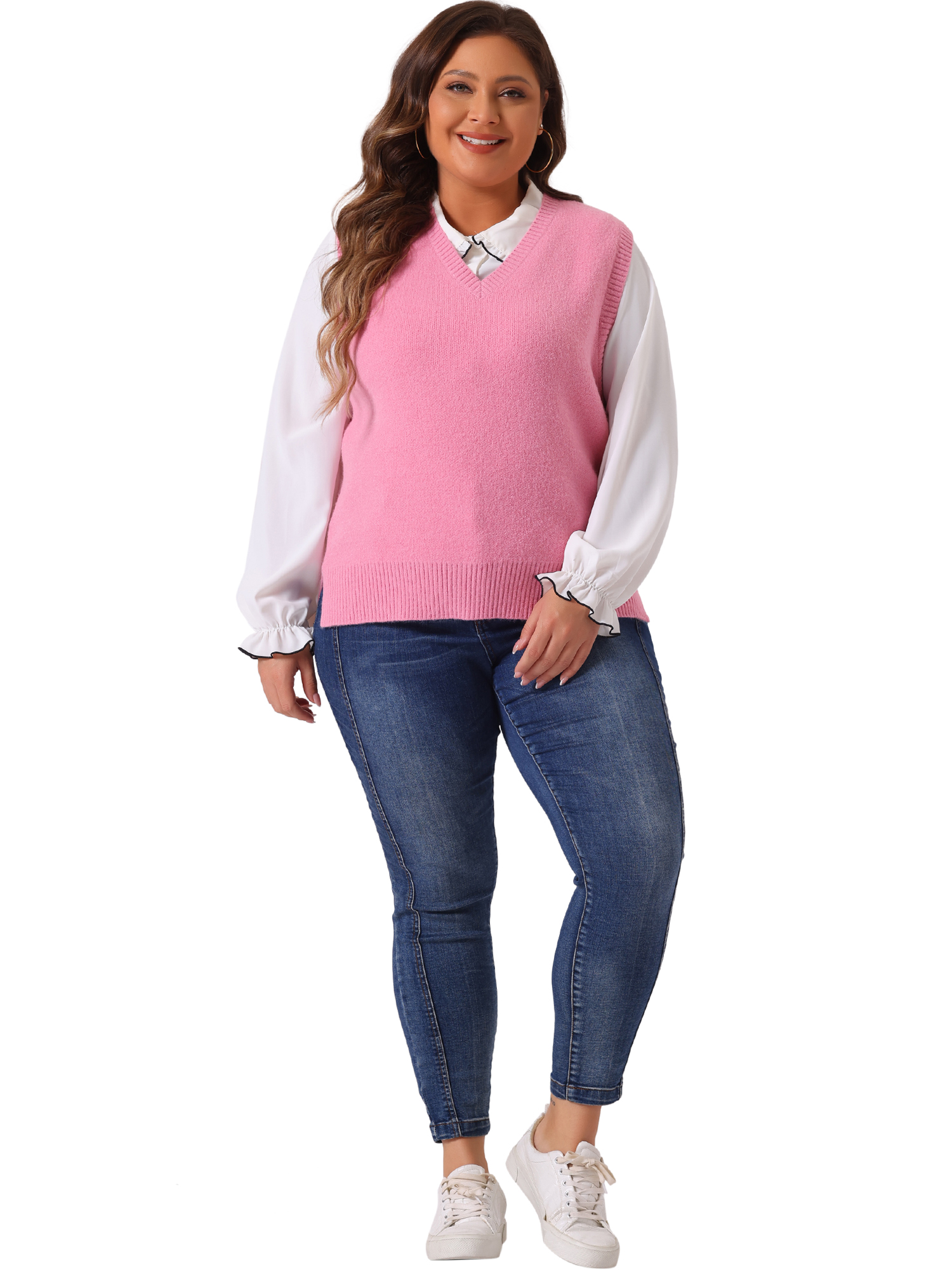 DARING DIVA Women's Plus Size V Neck Knit Sweater Vest 3X Pink
