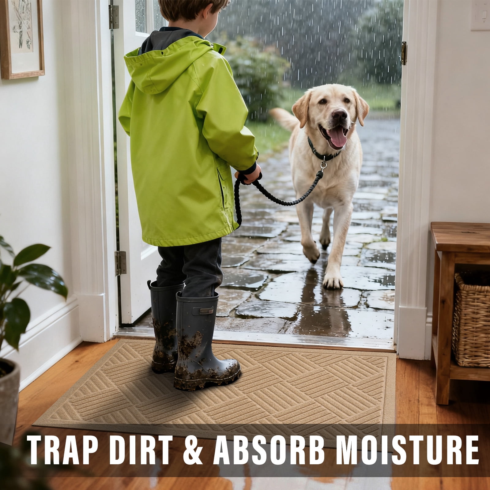Front Doormat Non Slip Outdoor Mat 24"x36", Dirt Trapper TPE Welcome Mats Outdoor Indoor Rug, Durable Easy Clean Low Profile Doormat for Garage ,Entryway, Patio ,High Traffic Areas, Beige