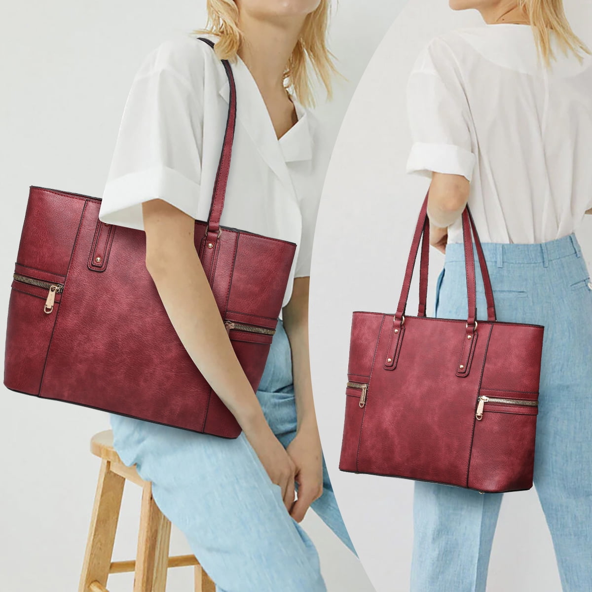 VANSARTO Women's Large Handbags Work Tote Vegan Leather Satchel Bag 3 Pcs Purse with Wallet, Burgundy/Leopard