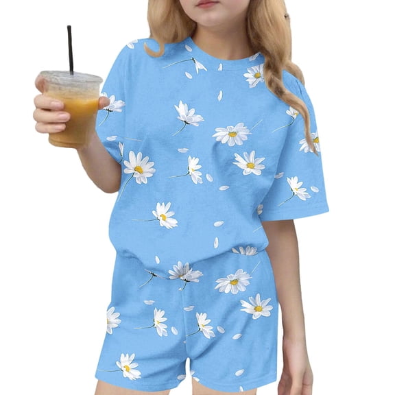 Girls Two Piece Outfits Daisy Print Short Sleeve Top with Elastic Waistband Shorts Soft Polyester Spandex Summer Matching Set Light Blue Multicolor,Size 14-15T
