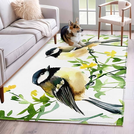 Rectangle Rug 4x6ft Area Rug Watercolor Spring Bird on Branch Area Rugs for Living Room Bedroom Farm Animal Plant Floor Mat Non-Slip Non-Shedding Carpet Indoor Accent Rugs