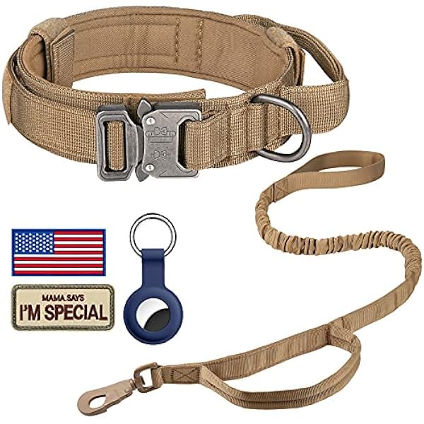 wonima02 Tactical Dog Collar Leash Set, Adjustable Military Training Nylon Dog Collar with Controll Handle and Heavy Metal Buckle for Medium and Large Dogs,with Patches and Airtags Case (L, Brown-Set)