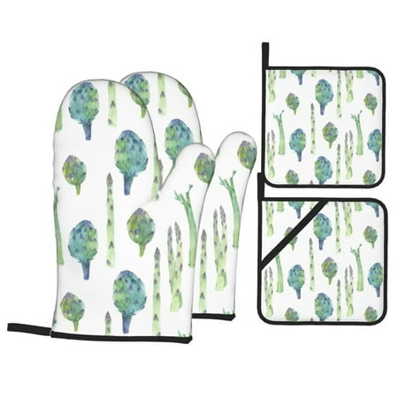

Oven Mitts and Pot Holders Sets 4 pcs - hilarious Asparagus pattern Heat Resistant Silicone Oven Gloves with Non-Slip Silicone Surface and hot pads for kitchen Baking Cooking BBQ