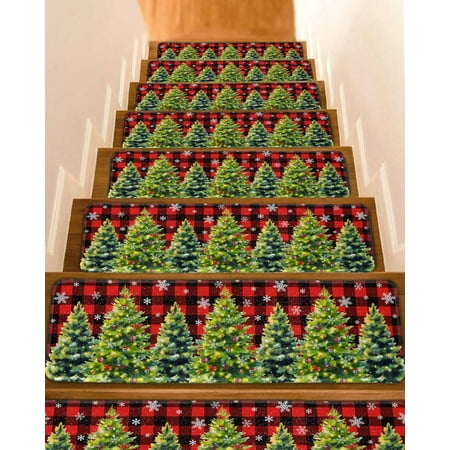 Christmas Snowflakes Stair Treads for Wooden Steps Indoor Runner Rug Carpet Xmas Winter Green Pine Trees Red Buffalo Plaid 4 Pieces Peel and Stick Staircase Step Treads Covers Throw Door Mats 30 x8