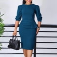 thumbnail image 2 of AURA Plus Size High Waist Pencil Midi Dress Round Neck 3 4 Sleeve Ruched Solid Color Zip Back, 2 of 10