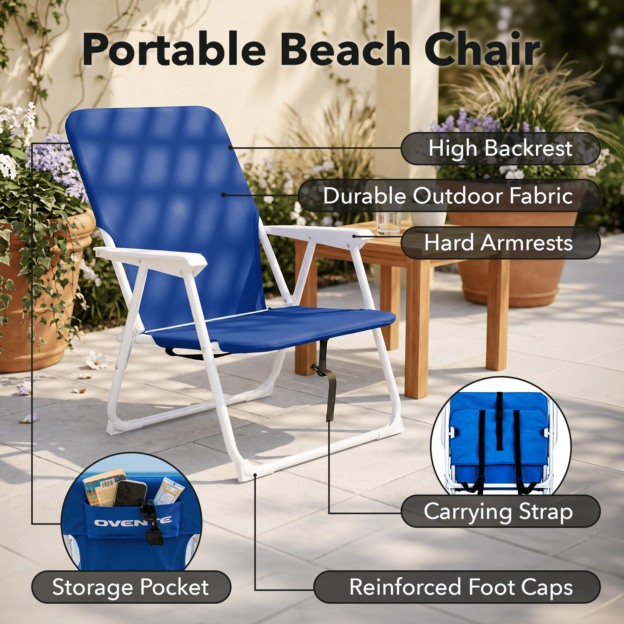 OVENTE Portable Beach Chair, Lightweight, Ergonomic Design, Blue CHR011BL | Foldable Camping Chair with Hard Armrest, Backrest and Pocket for Storage, Ideal for Travel, Hiking and Picnic