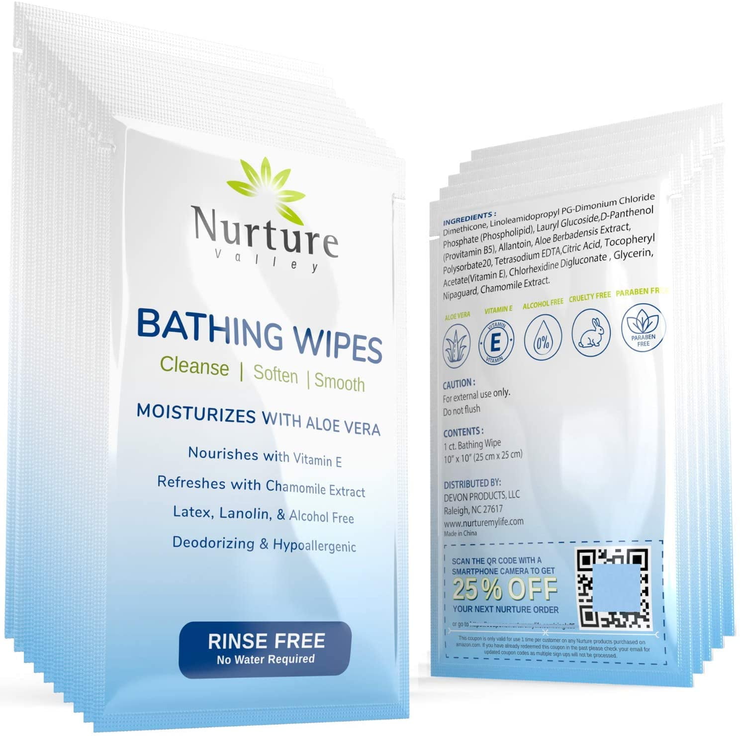 Nurture Valley Rinse Free Bathing Wipes Aloe Vera + Vitamin E (40