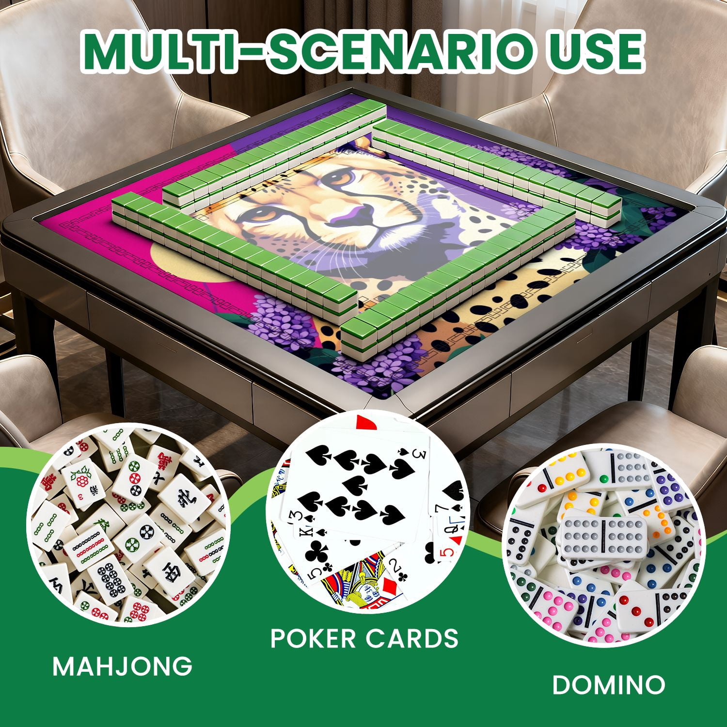 Mahjong Mat 31.5" x 31.5" Majestic Cheetah Surrounded by Purple Lilacs Vibrant Non-Slip Noise Reduction American Mahjong Tiles Table Cover for Dominoes Poker Card Board Games Gift