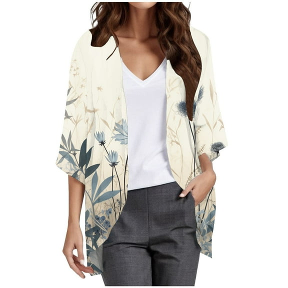 Cardigan For Women Lightweight Floral Print 3/4 Sleeve Kimono Loose Fit Blouses Cover Up Chiffon Casual Open Front Shrugs