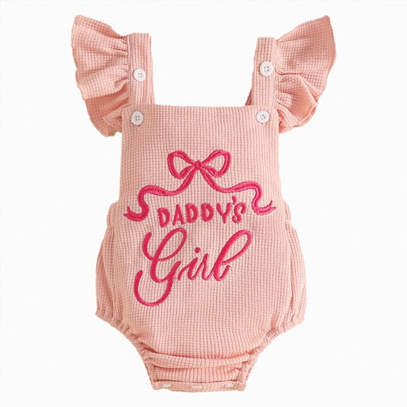 mgoYE Newborn Baby Girl Summer Outfit Romper Daddy's Girl Embroidery Ruffled Collar Jumpsuit Infant Waffle Clothes Size 6-12 Months Pink