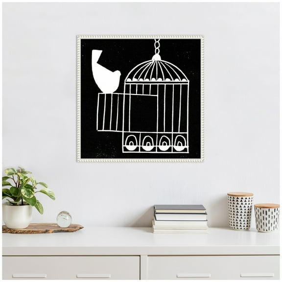 Kate and Laurel Vivere 2 To be Free Bird Linocut Framed Canvas Wall Art by Guilana Lazzerini 22 x 22 Sylvie Beaded White, Black & White, Abstract, Animals Art for Wall Decor, Living Room Bedroom