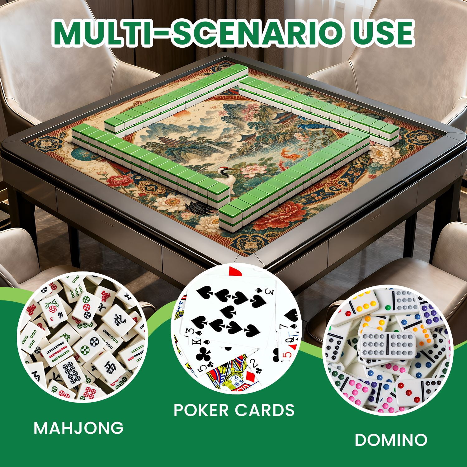 Mahjong Mat 31.5" x 31.5" Chinese Style Floral Circular Frame Cranes Koi Fish Traditional Non-Slip Noise Reduction Chic Portable Gaming Table Cover for Family Game Night & Gift