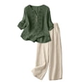 thumbnail image 4 of Linen Sets for Women 2 Piece 2026 Summer Plus Size 3/4 Sleeve Embroidered Tops Wide Leg Pants Casual Boho Beach Cute Outfits, 4 of 5