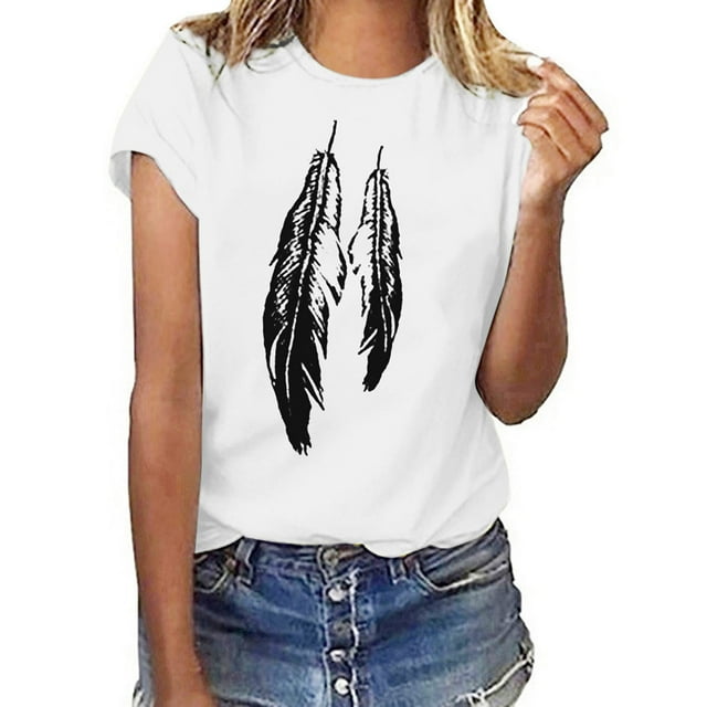 LSLJS T-Shirt à Imprimé Plume pour Femmes Manches Courtes Col Rond Décontracté