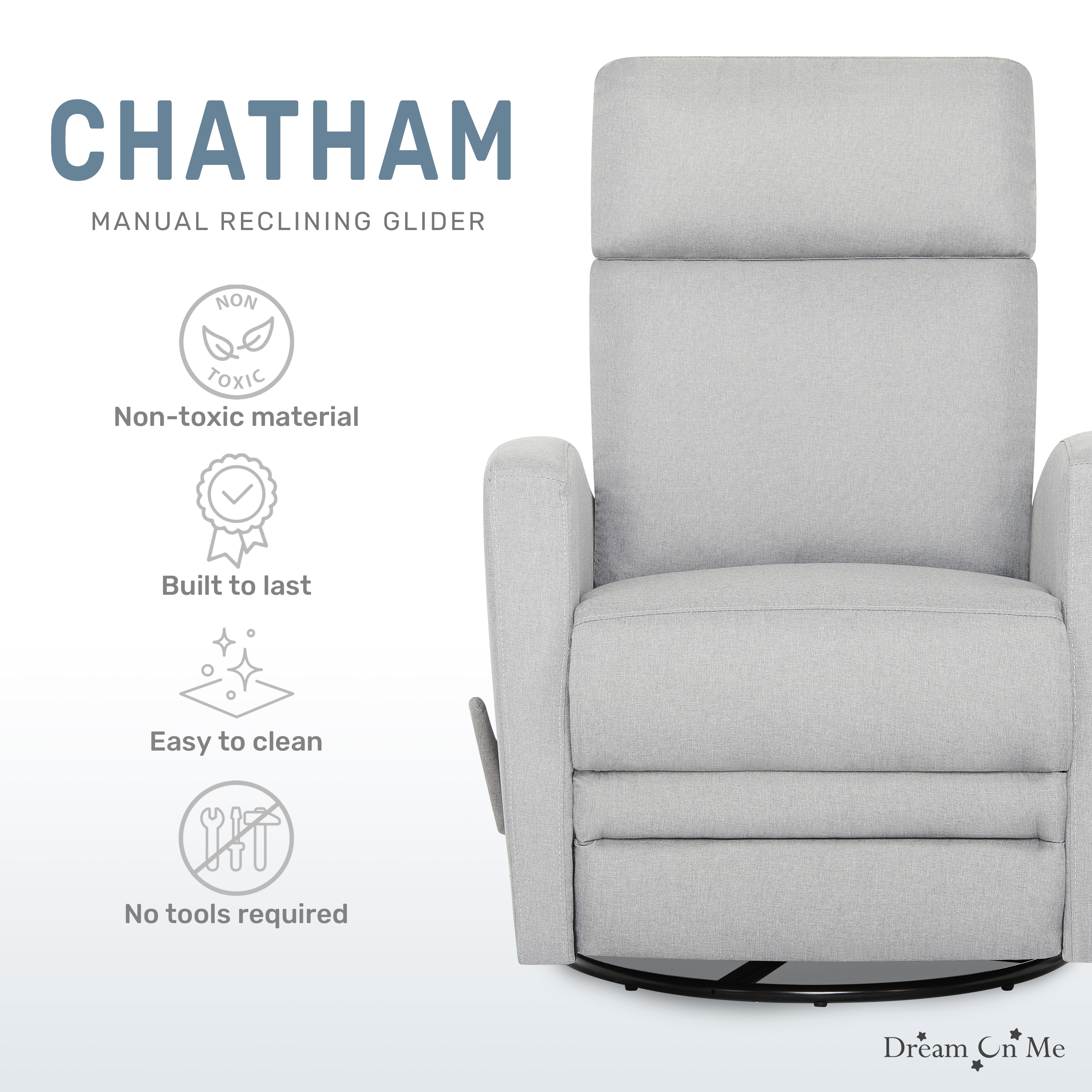 Dream On Me Chatham Glider Recliner, Gray with 360° Swivel photo 7
