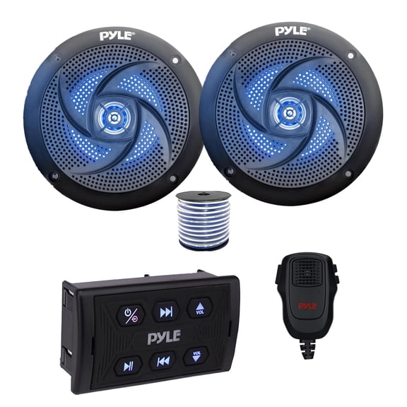 Pyle PLMRSQMIC Marine Wireless Bluetooth Controller w/Handheld Mic, 2x 5.25" 180 Watt Max Power 2-Way Waterproof Low Profile Slim Style Marine Blue Flashing LED Audio Speakers (Black) w/Wire