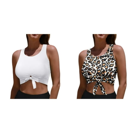 (2-Pack) Kcodviy Women s Cut Out Tie Plus Size Bathing Suit Tops for Women Sunflower Knot Front High Neck Juniors Swimsuits Two Cute with Shorts Tank Crop Top Bikini Swimsuit with Underwire Bra Swim