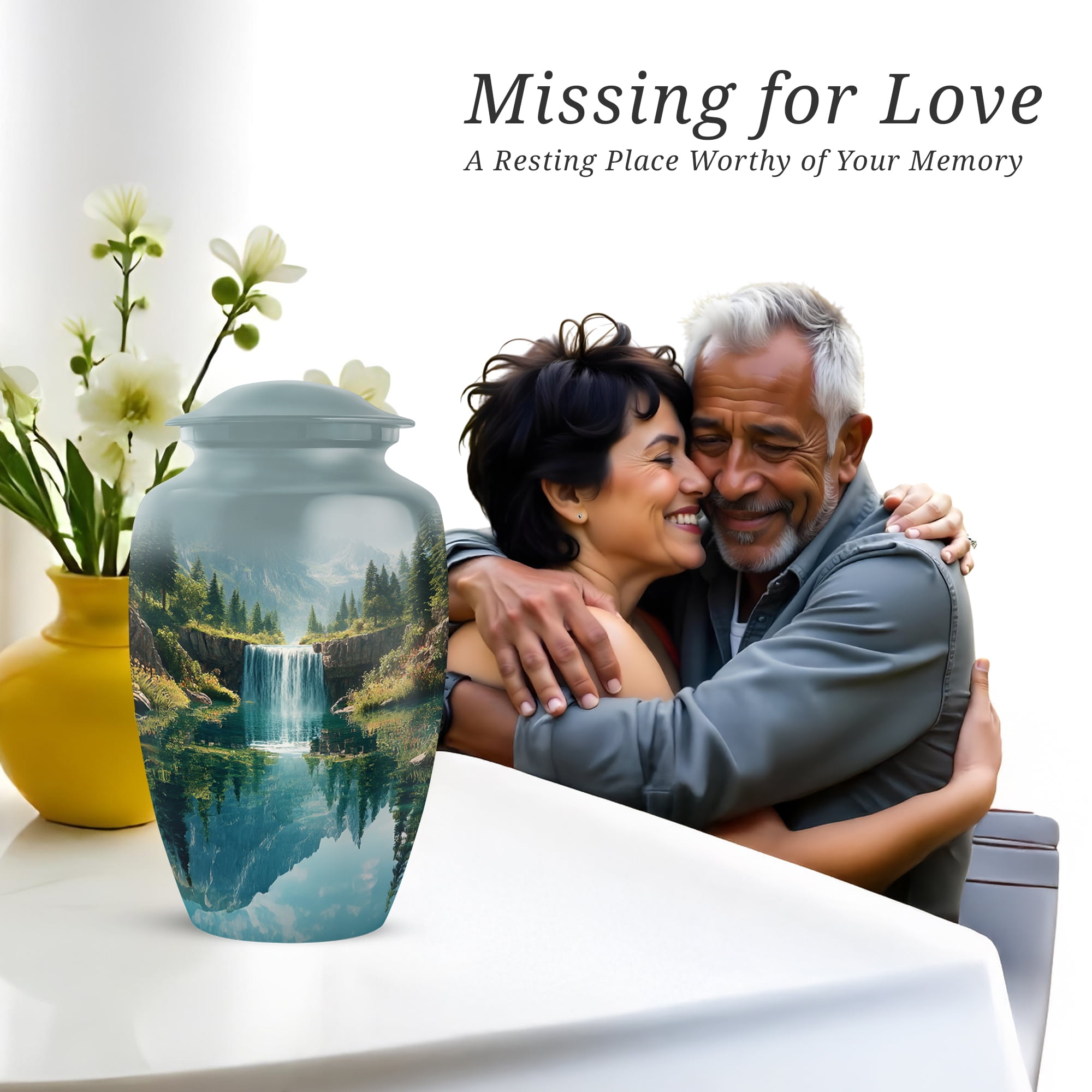 Waterfall Large Decorative Urns For Human Ashes Women, Cremation Urns For Adult Ashes, Blue Urn For Mom And Dad, Funeral Urn For Adults Male And Female, 10 Inch