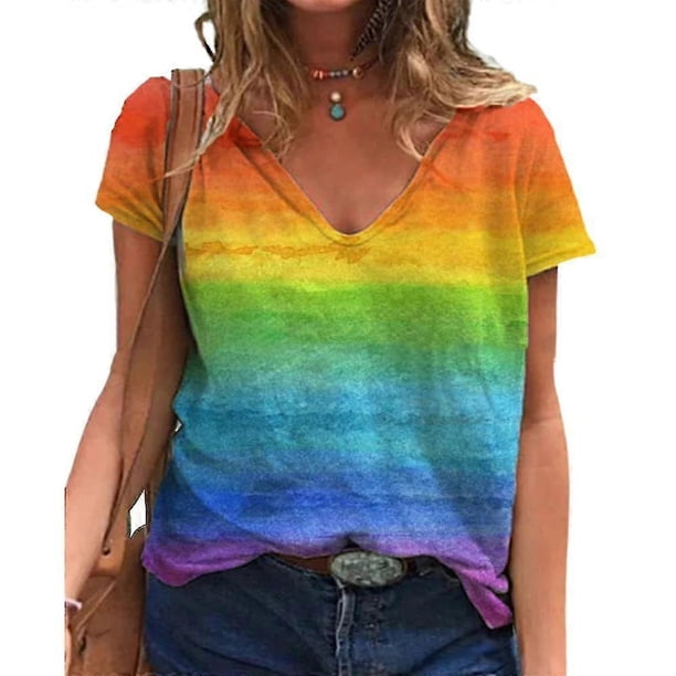 Rainbow Pride T-shirt Women Lgbt Gay Lesbian Pride Month Lgbtq Equality V Neck Casual Tee Tops Blouse