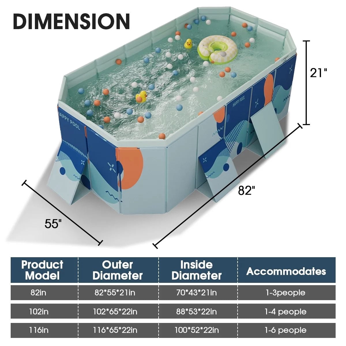 HENG Co. 82"Foldable Non-Inflatable Swimming Pool for 1-4 People, Foldable Above Ground Kiddie Pool for Family(Multicolor)