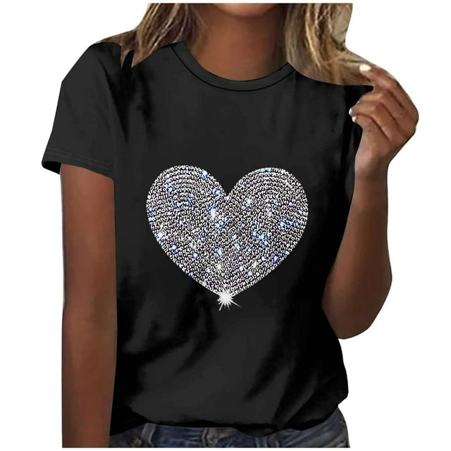 HongQid T-Shirt Femme Cœur Amour Graphique Ample Manches Courtes Été Décontracté
