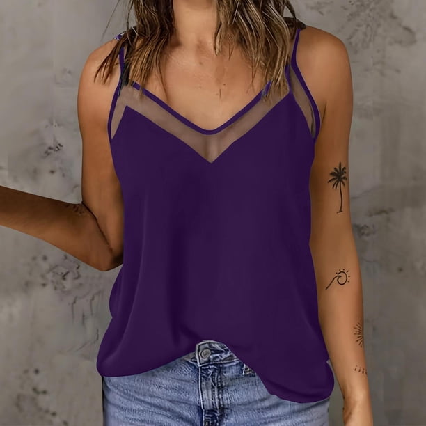 mfyjkho Camisetas Sin Mangas Para Mujer, Blusas De Color Liso Para Mujer Con Encaje, Patchwork, Escote En V Y Tirantes, Camisetas Sin Mangas De Moda Vestidos Maxi Para Mujer Xxxxl