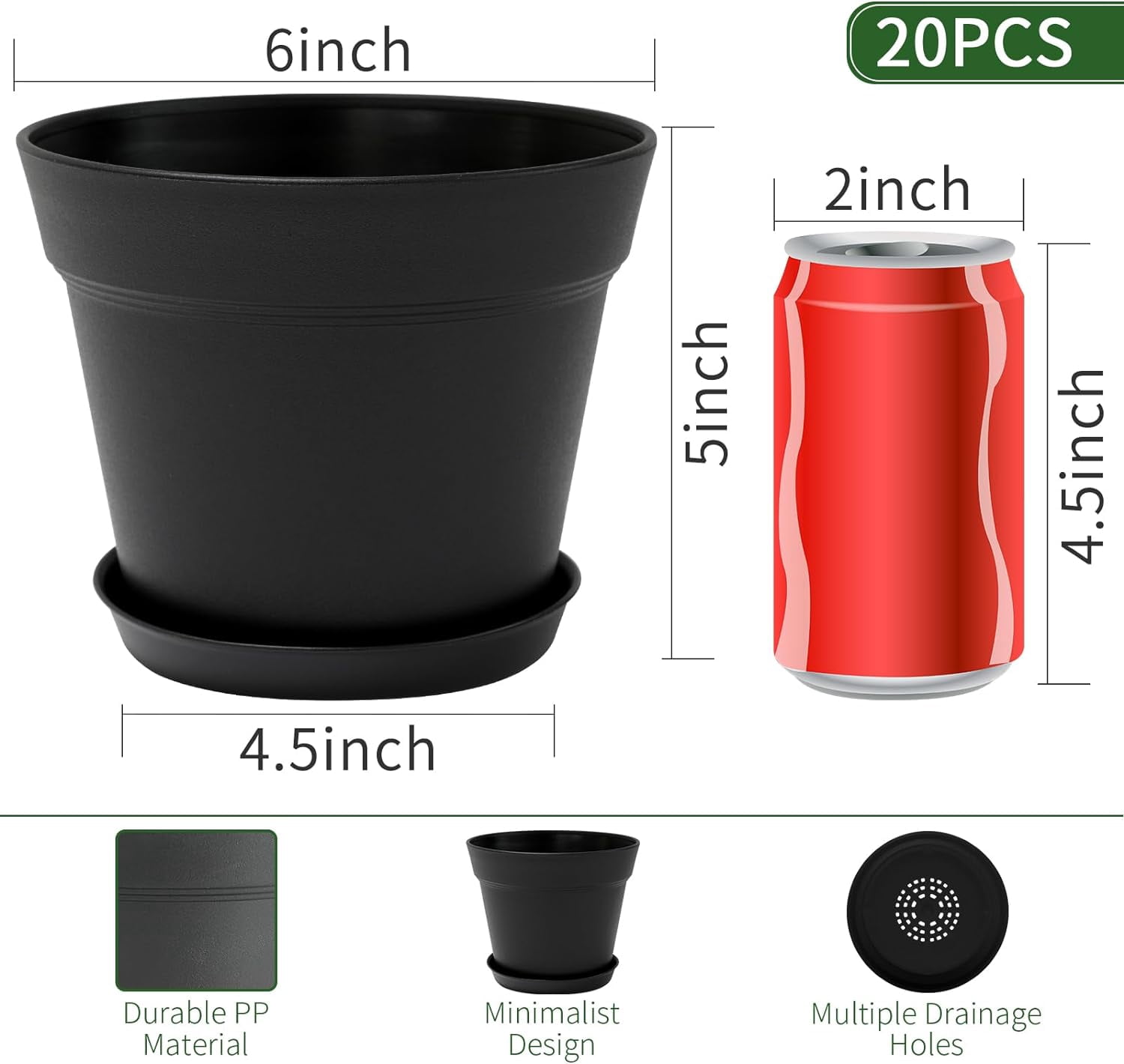 20 Pack 6 inch Plant pots, planters for Indoor Plants, Flower pots, Black