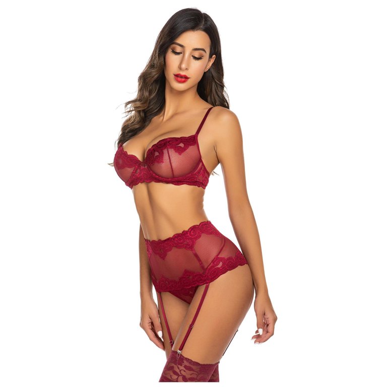 Avidlove Women Lingerie Set with Garter Bra and Panty Set 3 Piece Lace  Underwired Lingerie Red, M 