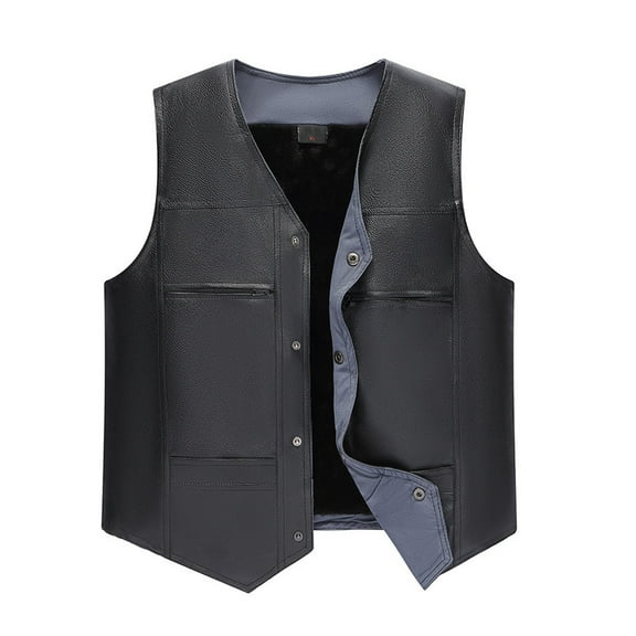 Wyobmus Mens Faux Leather Motorcycle Vest Fall Fleece Button Down Biker Vest Classic Western Style Sleeveless Outdoor Jacket Black