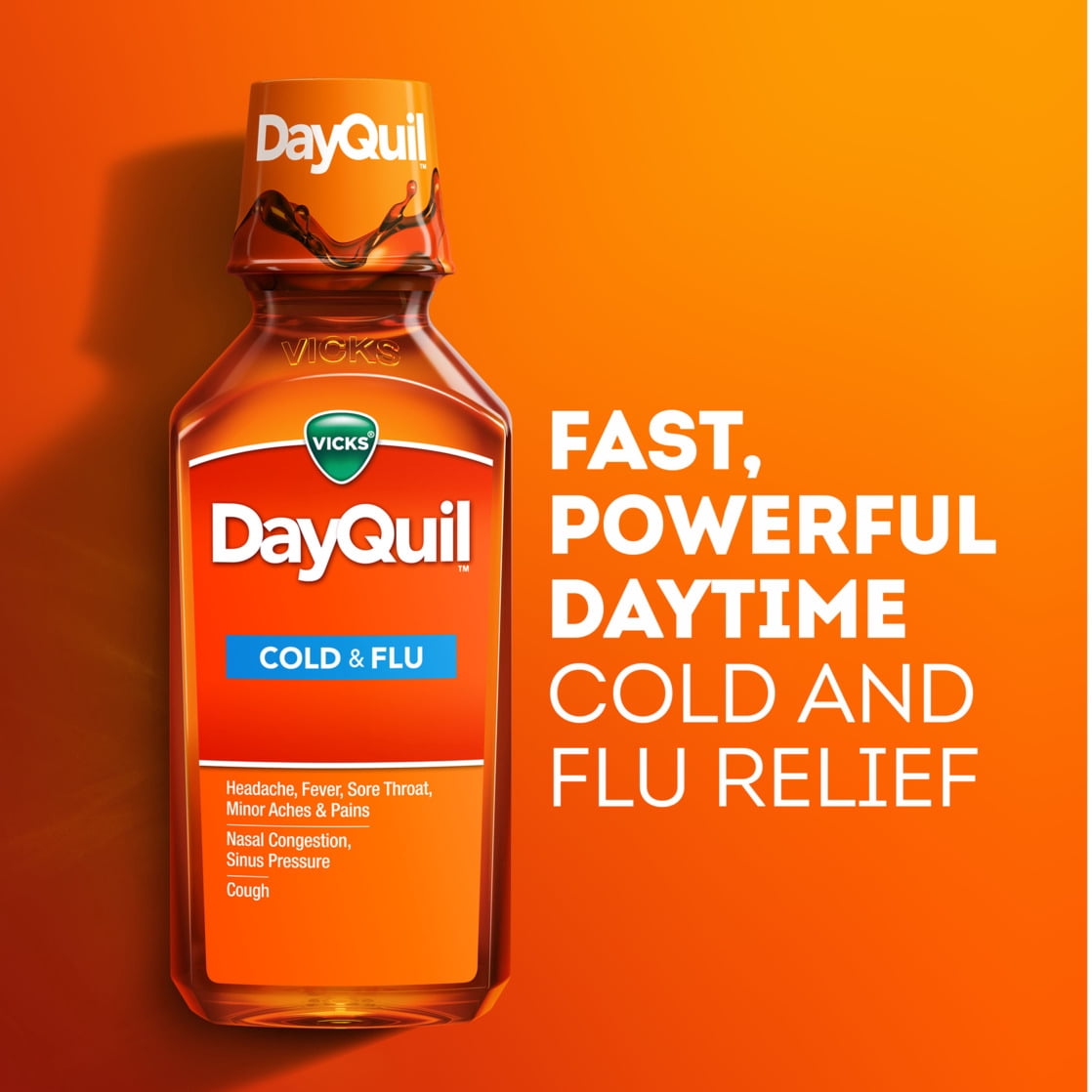 Vicks DayQuil and NyQuil Cold and Flu Liquid, Cold and Flu Medicine for Adults, Cherry, 2x12 Fl oz