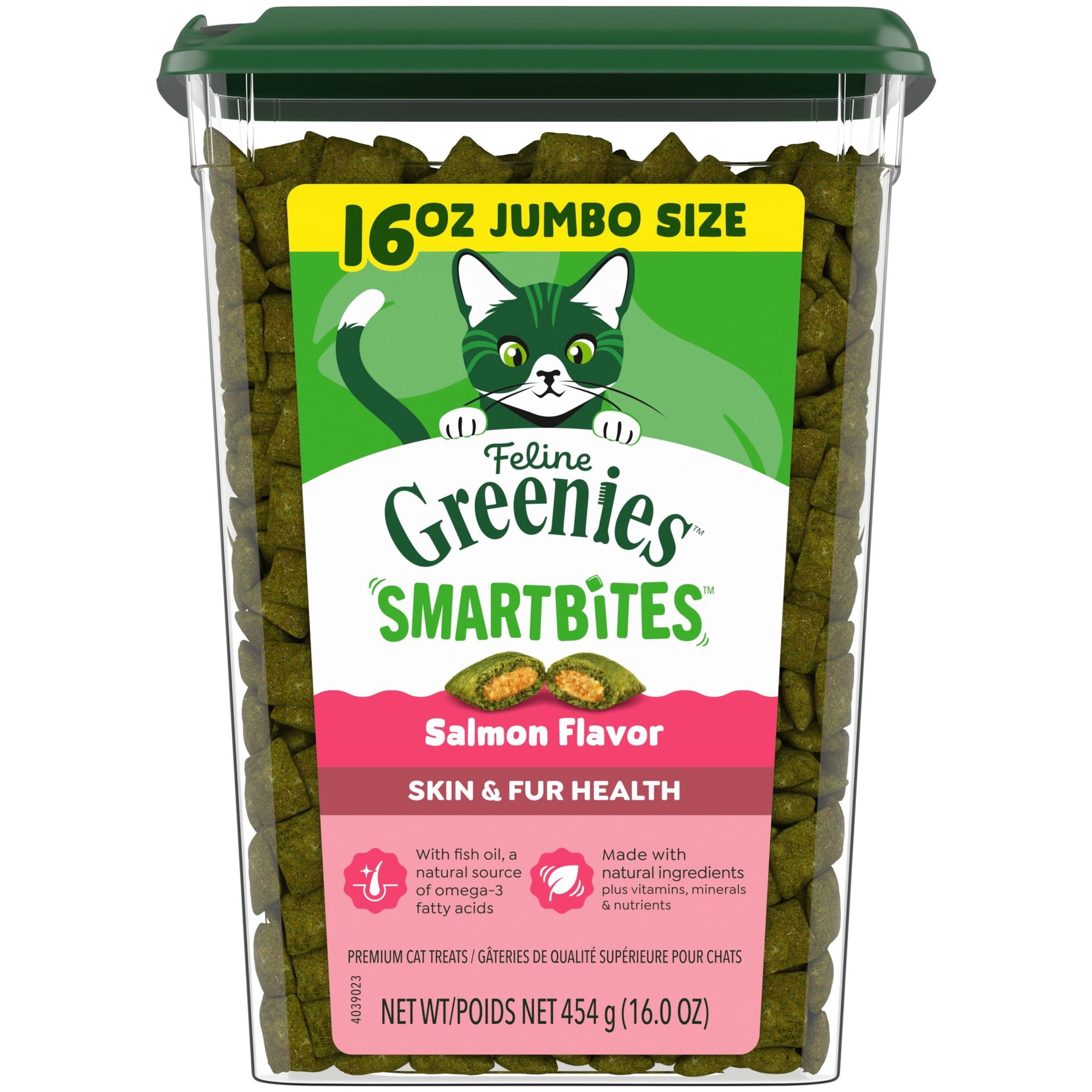 Greenies Feline Smartbites Salmon Flavor Skin & Fur Health Cat Treats, 16 oz Tub