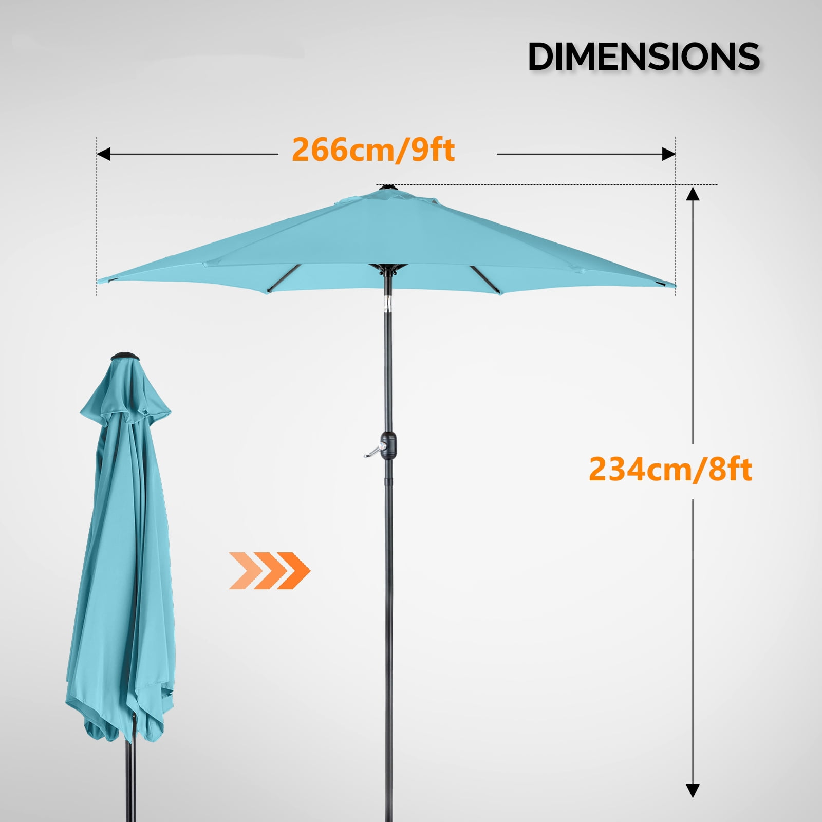 9FT Round Patio Umbrella - Sky Blue, Heavy-Duty Polyester Canopy, 6 Iron Ribs, Crank Tilt & KD Structure for Outdoor Spaces (Patio/Balcony/Garden/Poolside)