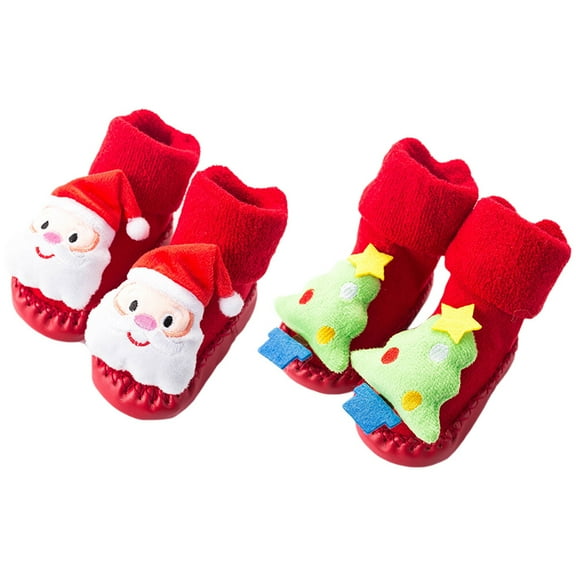 LIYUNMIAO 2 Pairs Christmas Infant Slipper Booties Toddler Winter Warm Floor Socks