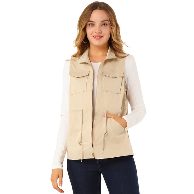Chaleco de Uso General Allegra K con Cremallera y Bolsillo Cuello Alto Informal sin Mangas Caqui S