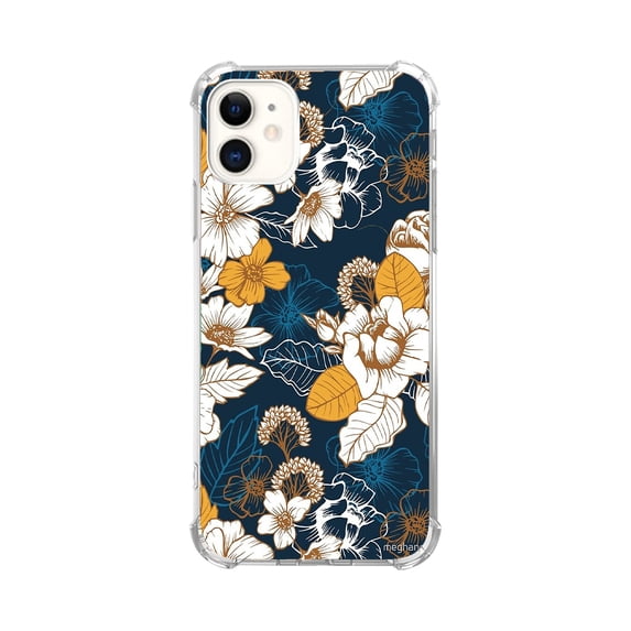 Navy and Gold Peony and Blossom Flower Case for iPhone 12,Aesthetic Colourful Floral Plant Case for Men Women,Unique Soft TPU Bumper Case Cover