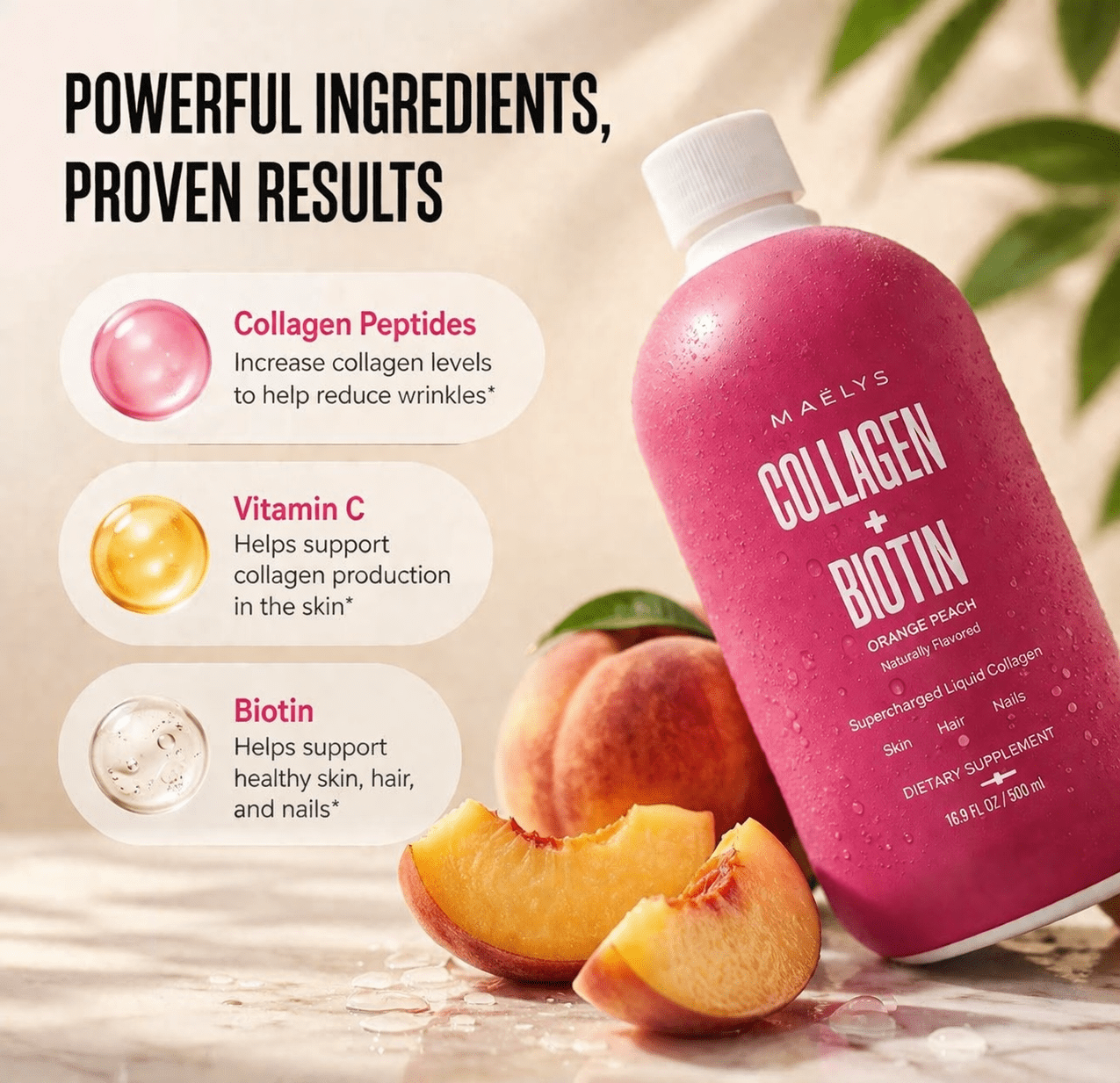 MAELYS COLLAGEN + BIOTIN ORANGE PEACH SUPERCHARGED LIQUID COLLAGEN JUICE 16.9oz
