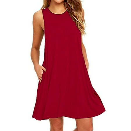 Women Summer Casual Sleeveless Cotton Polyester Dresses Pure Color Pleated Loose Tank Tops Dress with Pocket