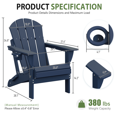 thumbnail image 6 of Folding Adirondack Chair, Classic HDPE Plastic Fire Pit Chair, Dark Blue, 6 of 8