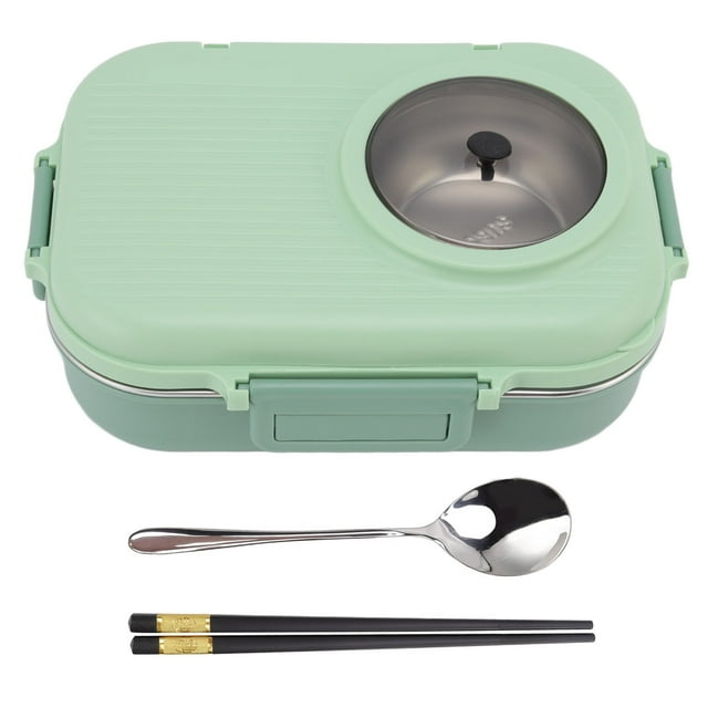 Thermal Lunch Box 1100ml Double Layer 3 Grid Design 304 Stainless Steel Bento Box with Chopsticks Spoon Soup Bowl Green
